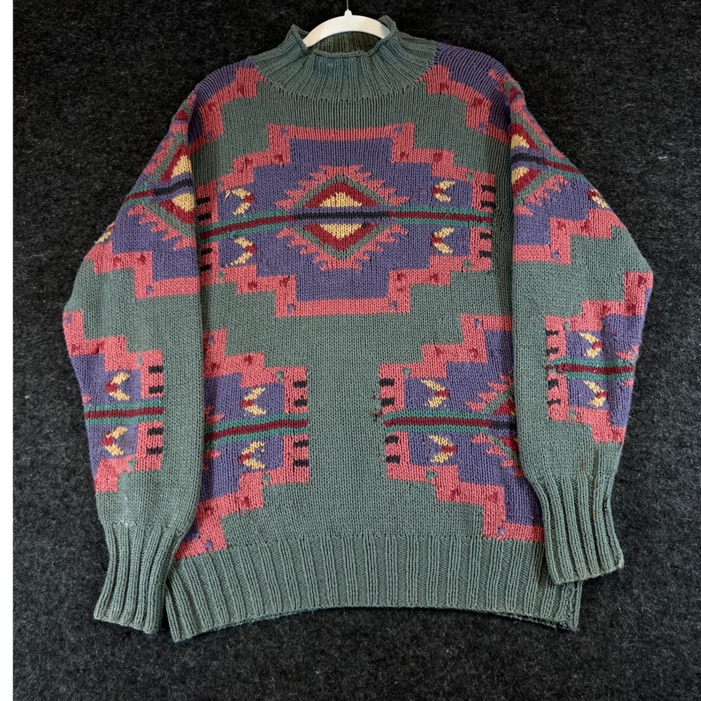 Vintage 80s Ralph Lauren Country Aztec Navajo Hand Knit Cotton Sweater Mens M